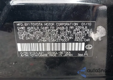 2010 Lexus Es 350 350 z USA, uszkodzony, nr VIN JTHBK1EG8A2375007